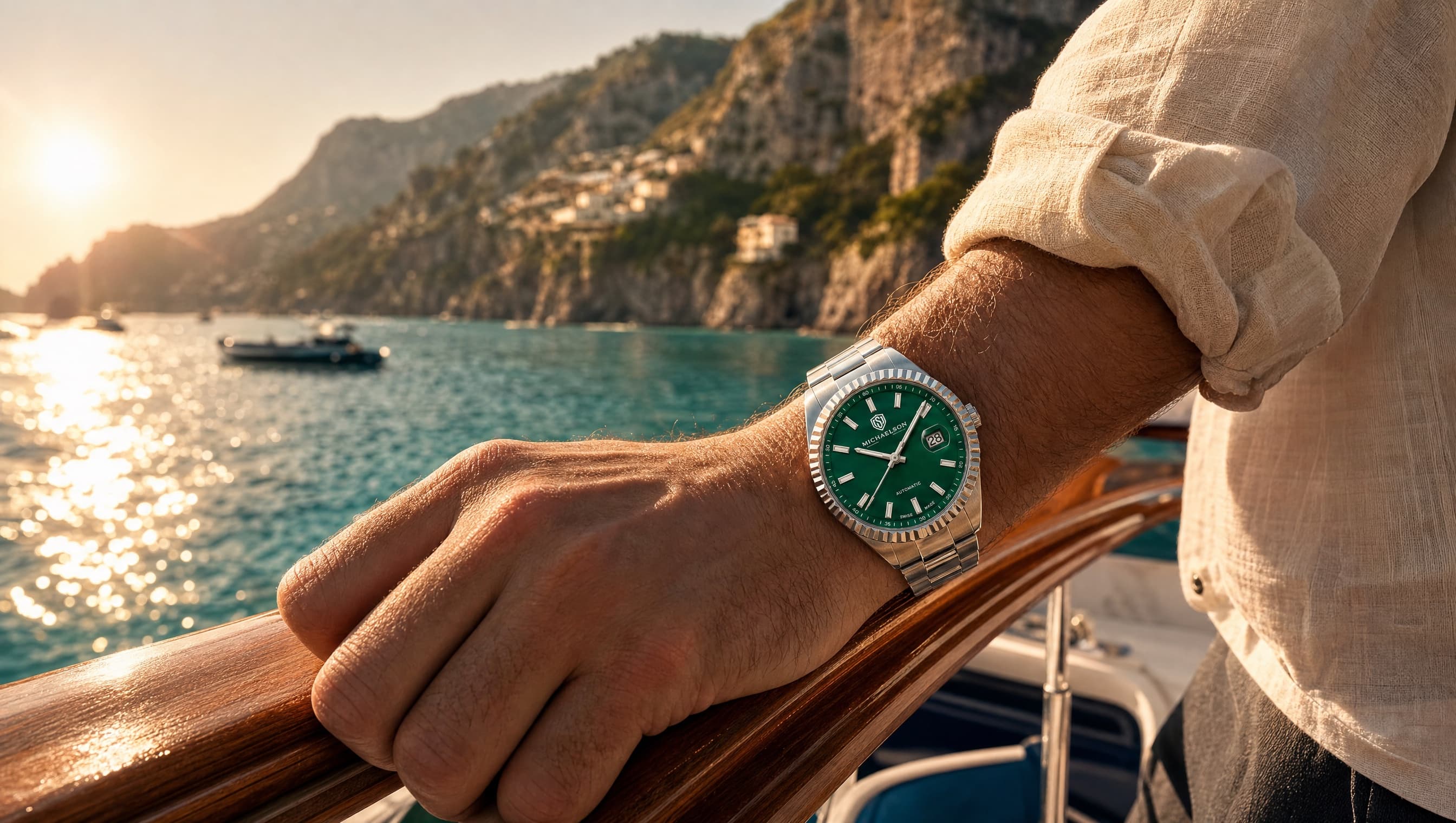 MICHAELSON Classic Fluted — Verde, worn at golden hour on the Mediterranean
